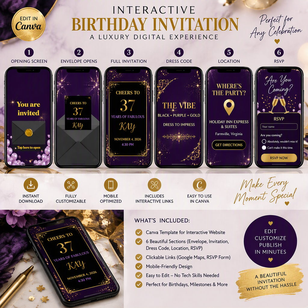 Interactive Birthday Invitation | Editable Canva Template – RosyInkPaperCo