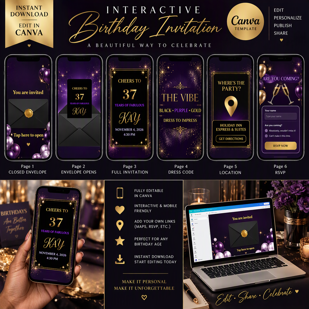 Interactive Birthday Invitation | Editable Canva Template – RosyInkPaperCo