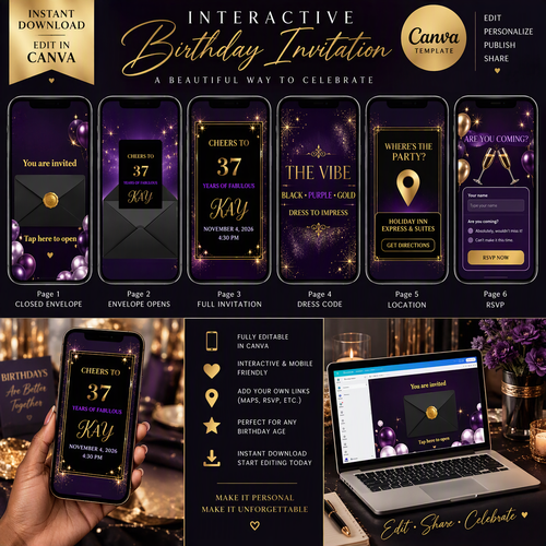Interactive Birthday Invitation | Luxury Editable Canva Website Template | Purple Black & Gold Digital Invite